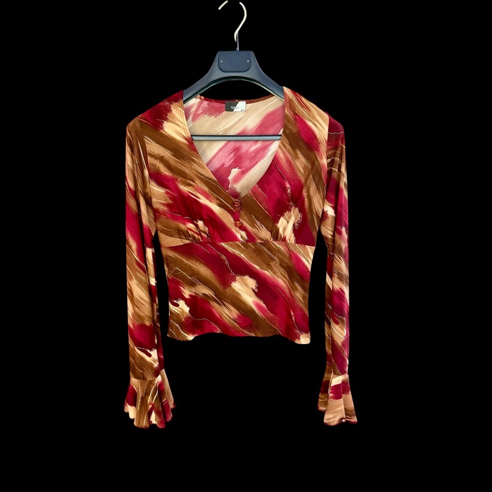 Y2K TSLA Vintage Abstract Print Bell Sleeve V-Neck Top Burgundy Brown Gold S/M